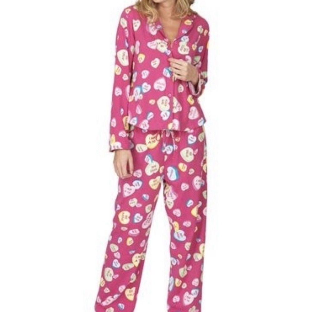 Pajamagram Womens Pajama Set Valentines Day Candy Heart Size XS Pink Flannel